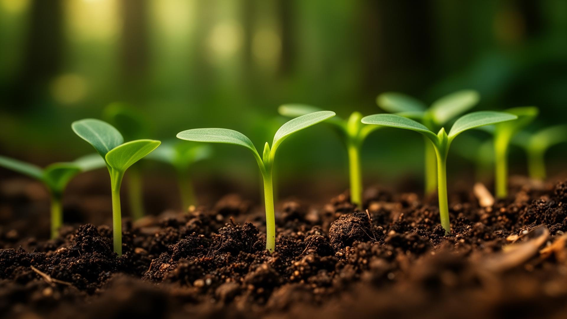 Seedlings emerging from rich soil